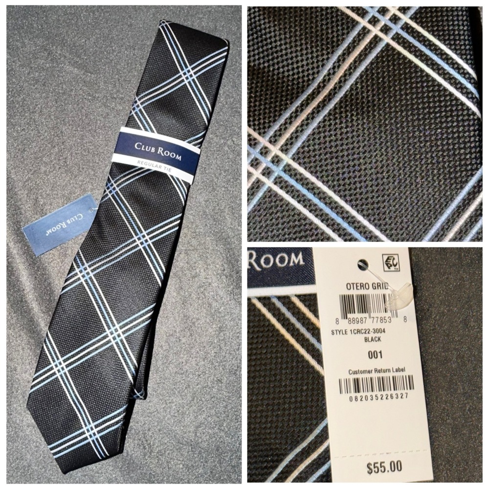 Club Room Mens Otero Grid Regular Tie Black Blue White Plaid 1CRC22-3004 NWT